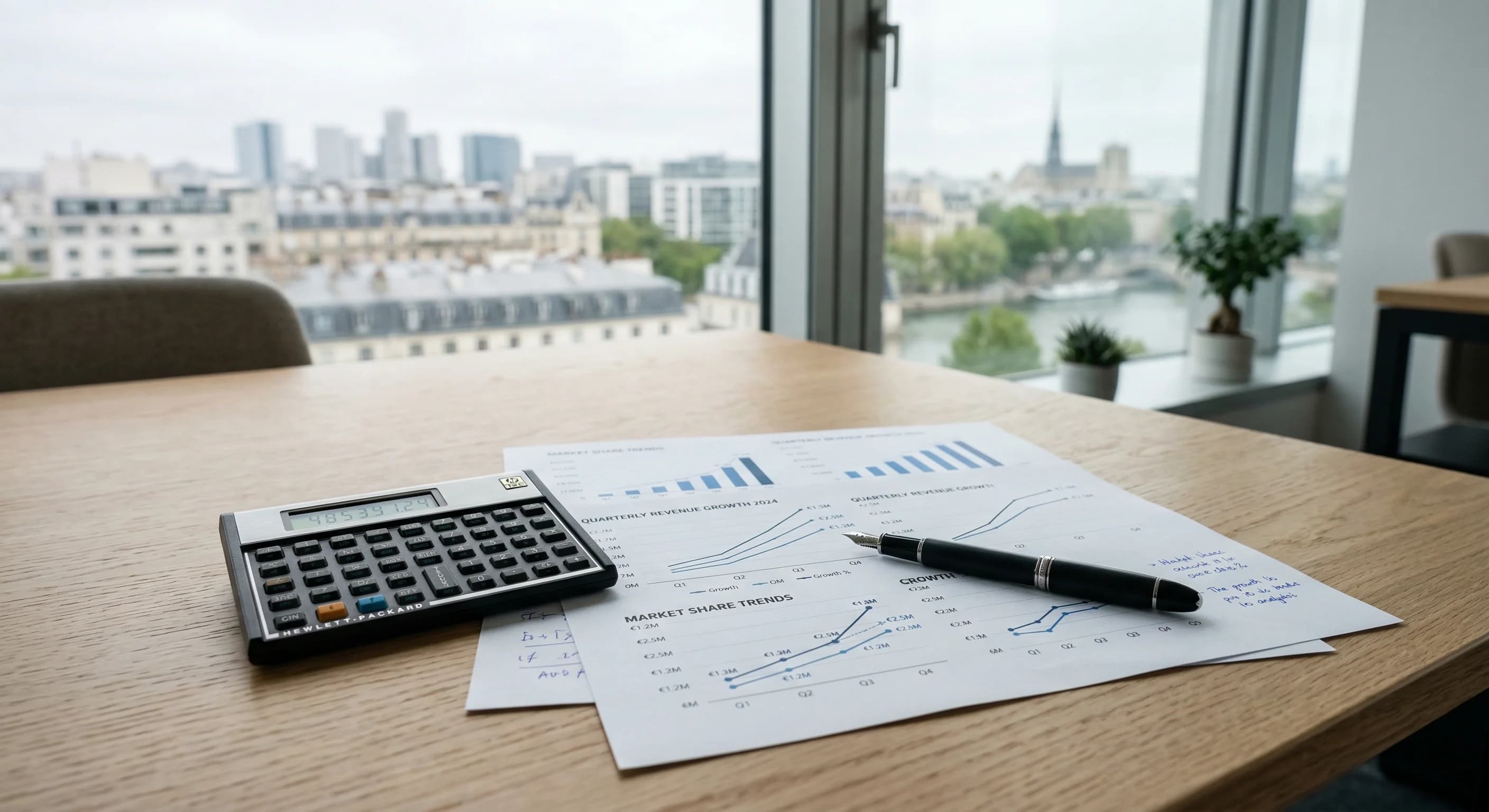 A close-up shot of a modern wooden desk in a bright, minimalist office with soft natural morning light. On the desk lies a professional calculator, a sleek pen, and several sheets of financial charts