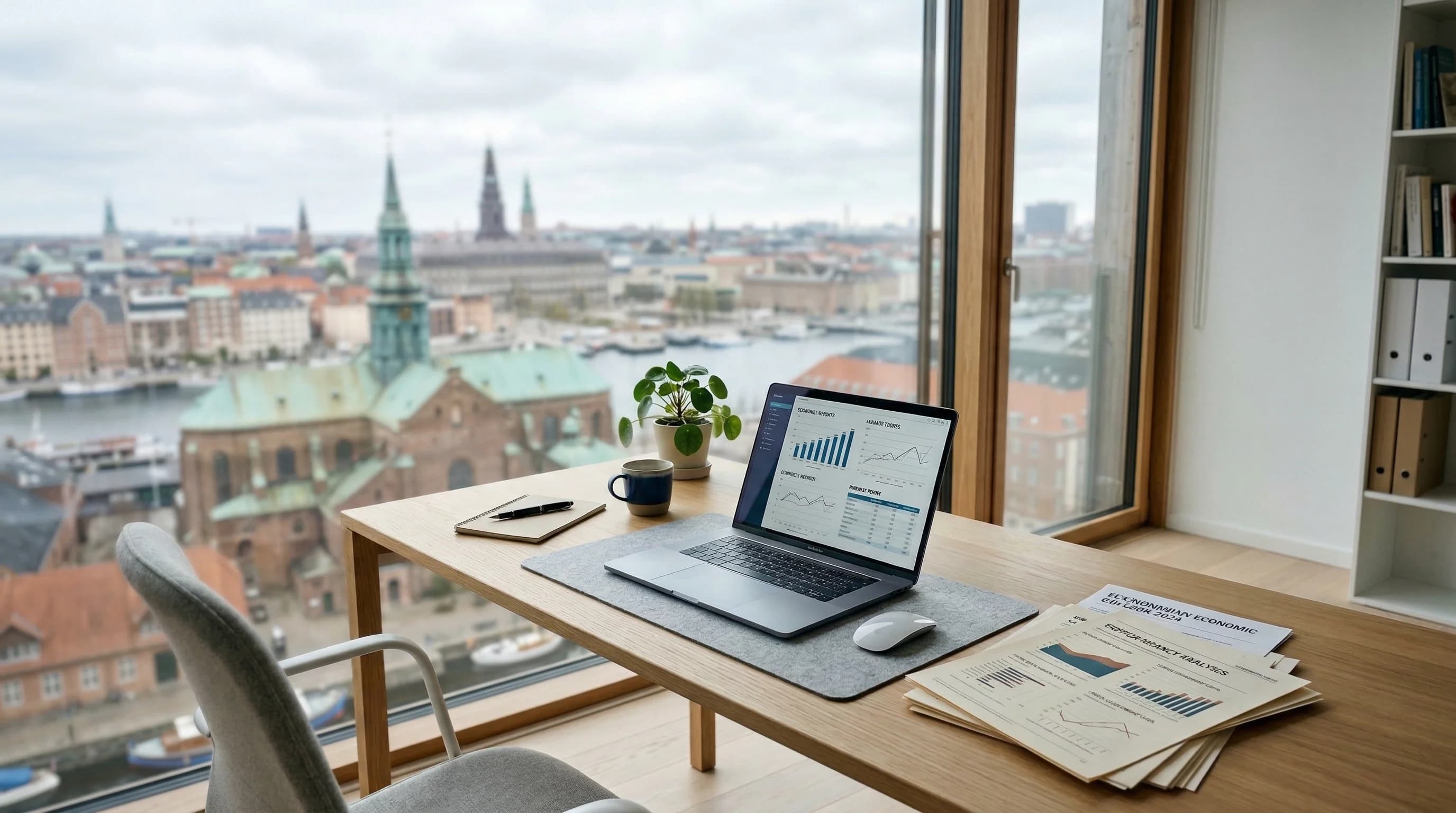 A photorealistic wide-angle shot of a minimalist Scandinavian office desk featuring a laptop and printed economic charts. Through the large glass window, a blurred view of a northern European city sky