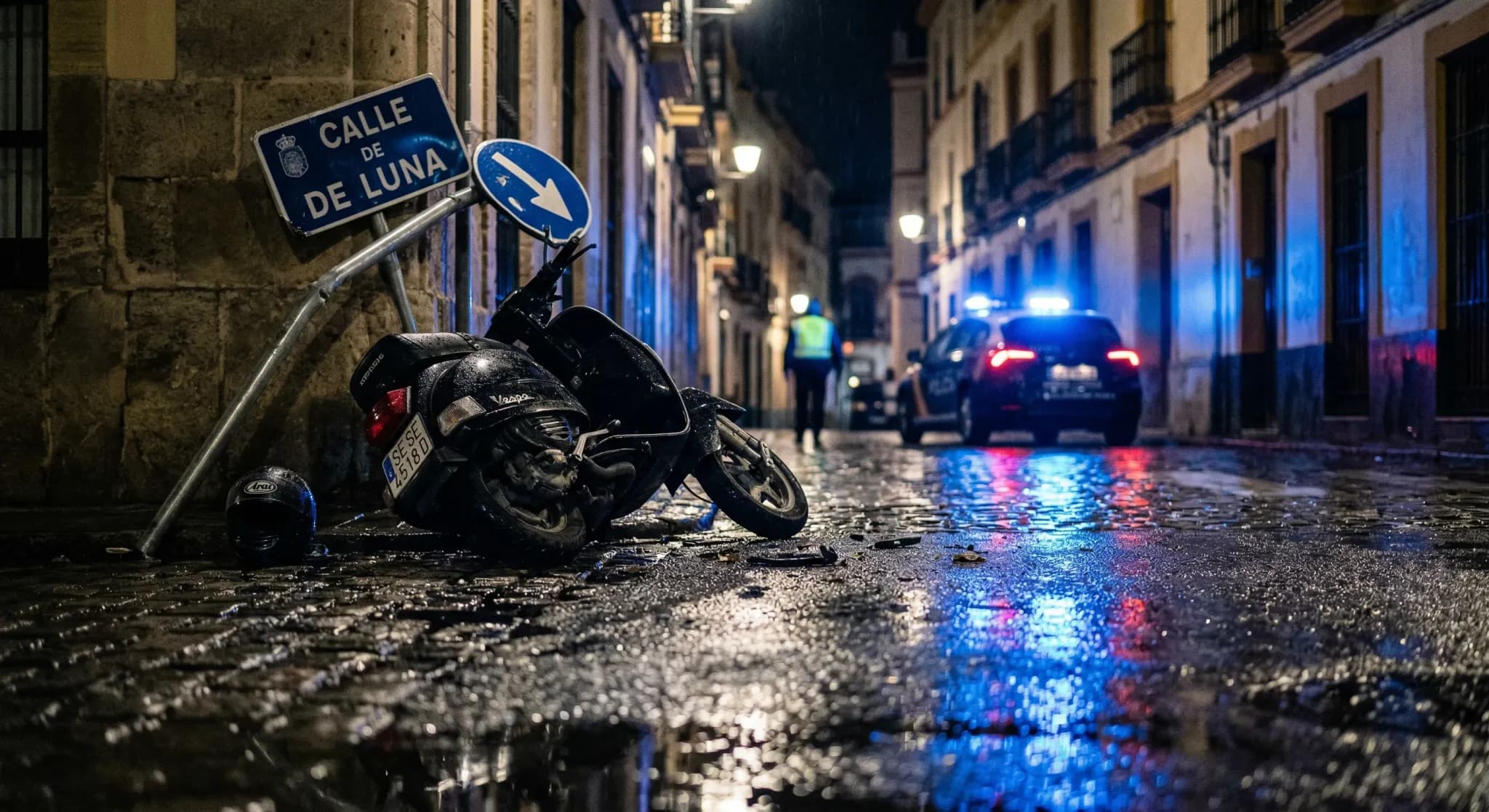 A photorealistic nighttime scene on a quiet European street. A small black moped lies on its side on the pavement next to a damaged metal street sign, with the blurred blue glow of police sirens refle