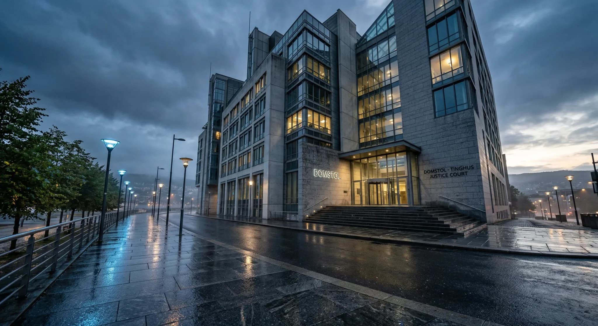 A photorealistic low-angle shot of a modern European courthouse at dawn. The building features clean lines, large glass windows, and grey stone walls under a moody, overcast Scandinavian sky. The grou