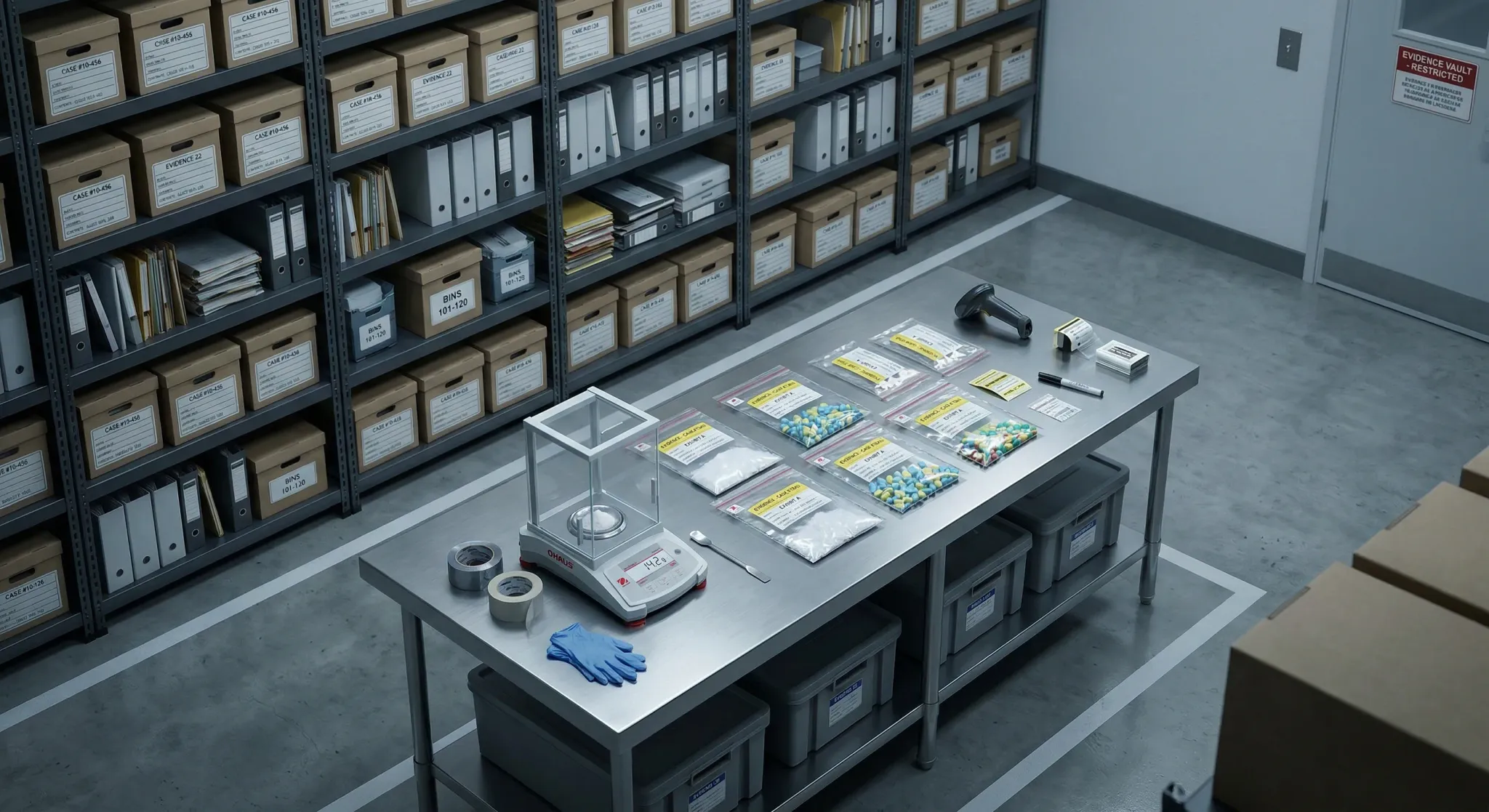 An isometric 3D scene of a sterile evidence room with metal shelving units. On a central stainless steel table, several transparent evidence bags containing white powder and colorful pills are neatly