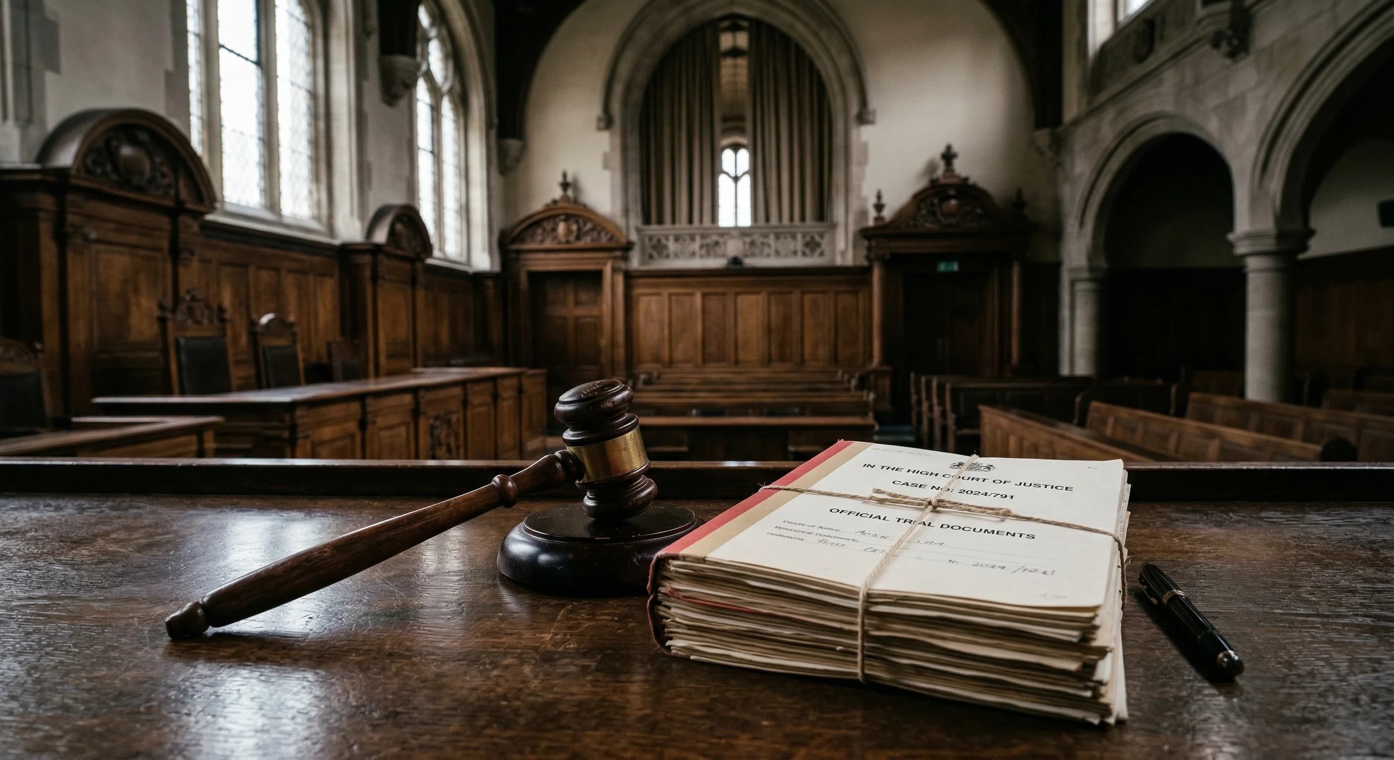 A wooden gavel and a stack of legal documents rest on a polished dark wood table in a classic European courtroom. Soft natural light from high windows creates a somber atmosphere, with the blurred bac