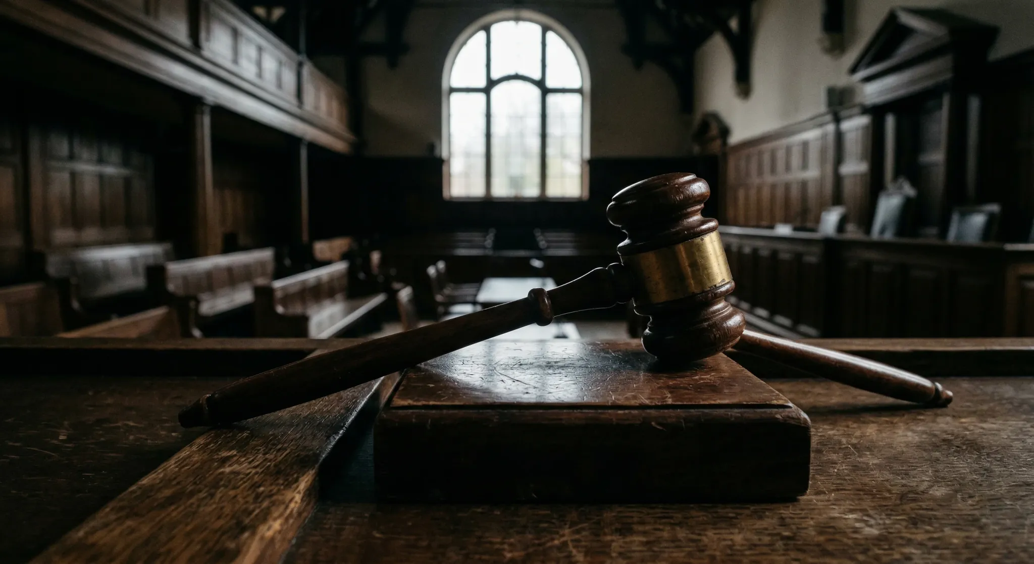 A low-angle, photorealistic shot of a polished wooden gavel resting on a sound block in a dimly lit European courtroom. In the background, out of focus, are rows of empty wooden benches and a large wi