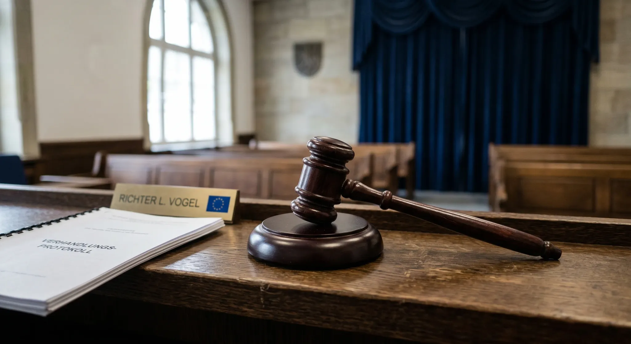 A photorealistic close-up of a dark wooden gavel resting on a sound block on a judge's bench. The scene is lit with soft natural light from a nearby window in a modern European courtroom. The backgrou