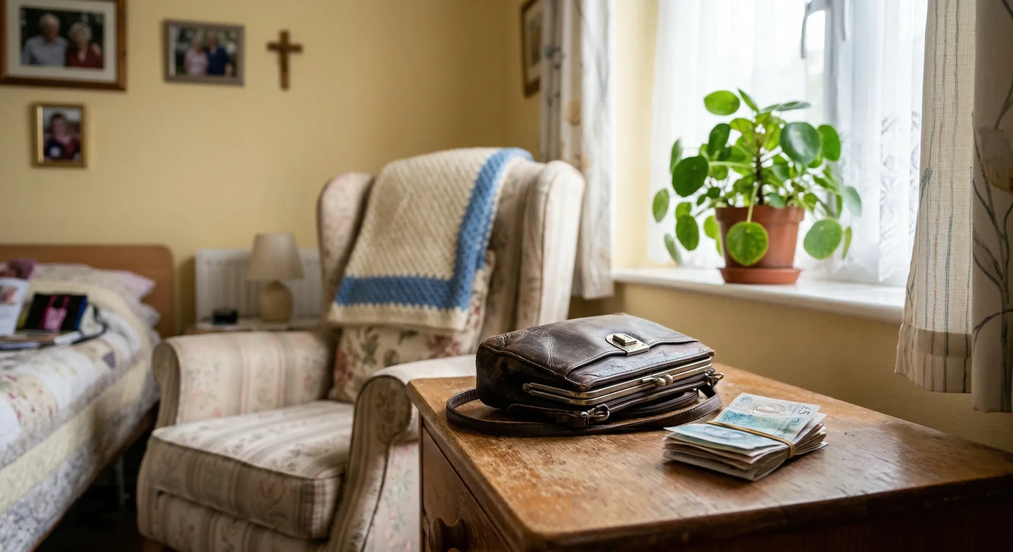 A photorealistic shot of a tidy nursing home room, focusing on a wooden side table. On the table sits an old leather purse and a small stack of banknotes, illuminated by soft morning light from a near