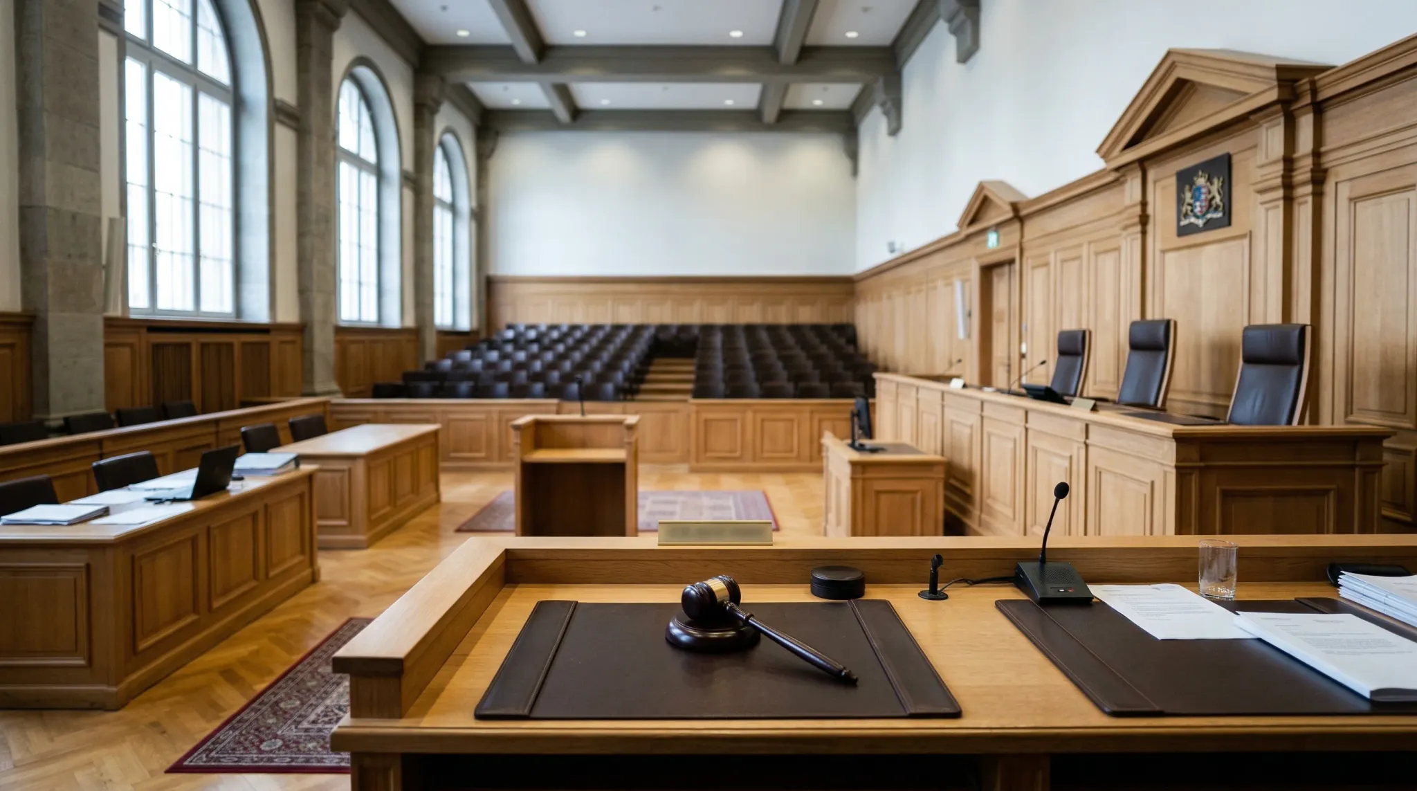 A wide-angle photorealistic shot of a modern European courtroom featuring light oak wood paneling and high ceilings. The focus is on a heavy judge's bench with a wooden gavel resting on a leather pad,