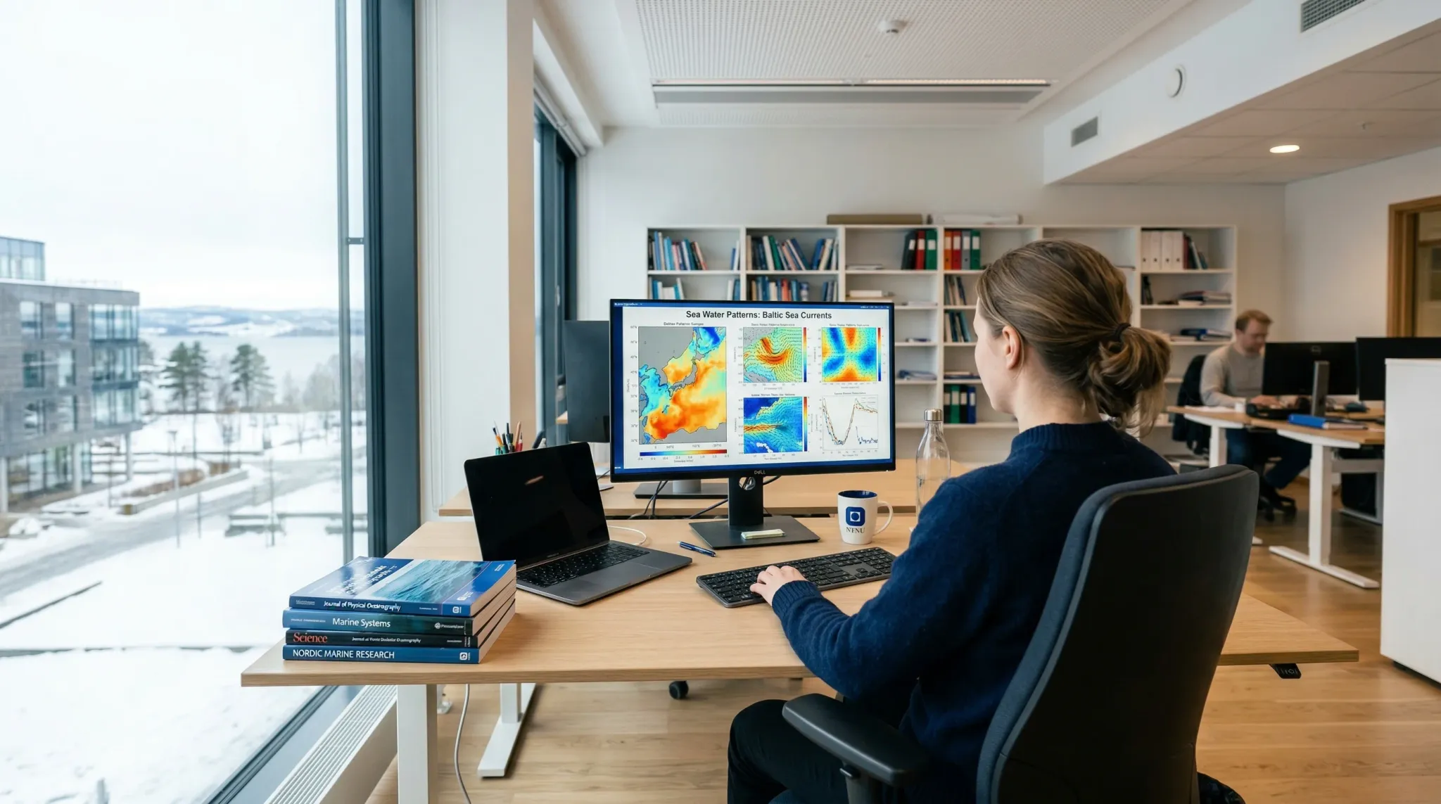 A photorealistic wide-angle shot of a bright, modern university research office in Scandinavia. A researcher is seen from a 45-degree angle behind, looking at a large computer monitor displaying abstr