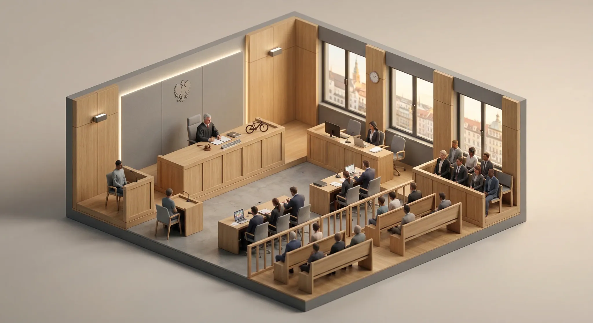 An isometric 3D scene of a modern European courtroom interior featuring a judge's bench made of light oak wood and a minimalist witness stand. The lighting is soft and warm, highlighting the clean tex