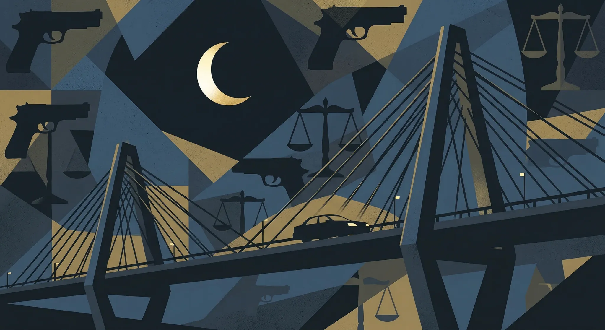 An editorial illustration with a limited color palette of deep blue, charcoal, and muted gold. The scene depicts a stylized silhouette of a car crossing a modern cable-stayed bridge at night under a c