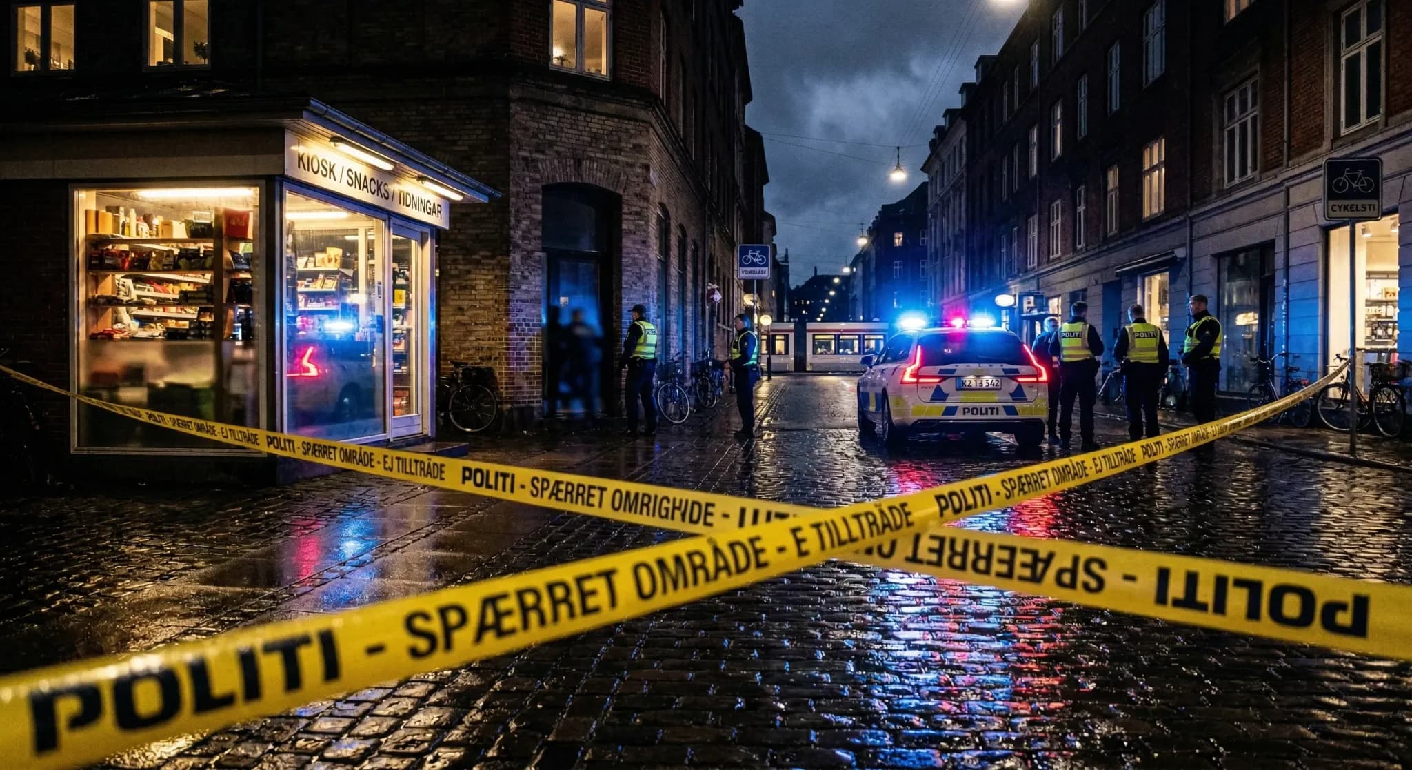 A journalistic, low-angle shot of a city street at night in Northern Europe, following a police incident. Bright blue and red emergency lights from a distant police car reflect on the wet pavement and