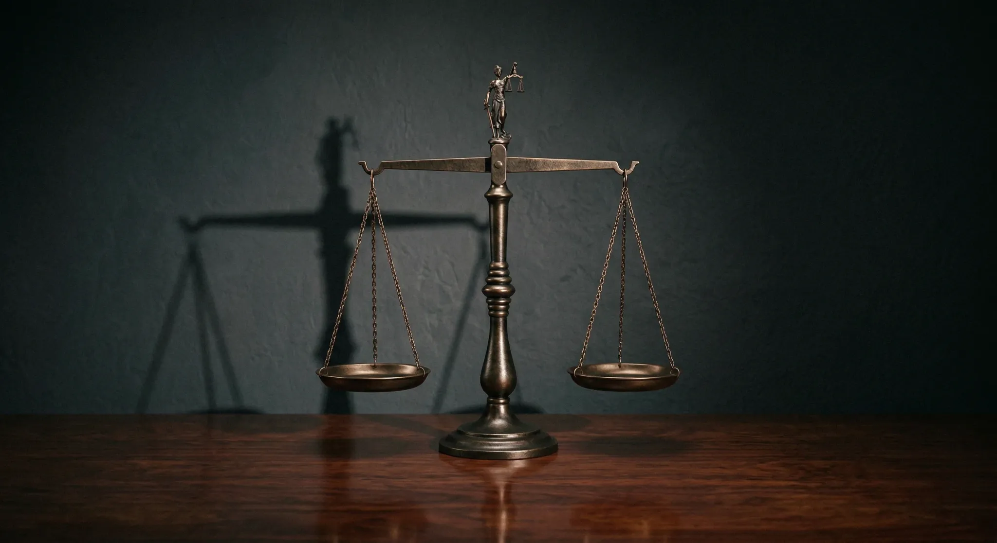 A minimalist composition featuring a bronze scale of justice balanced on a polished dark mahogany table. Strong dramatic side lighting casts long shadows against a deep grey wall in the background, em