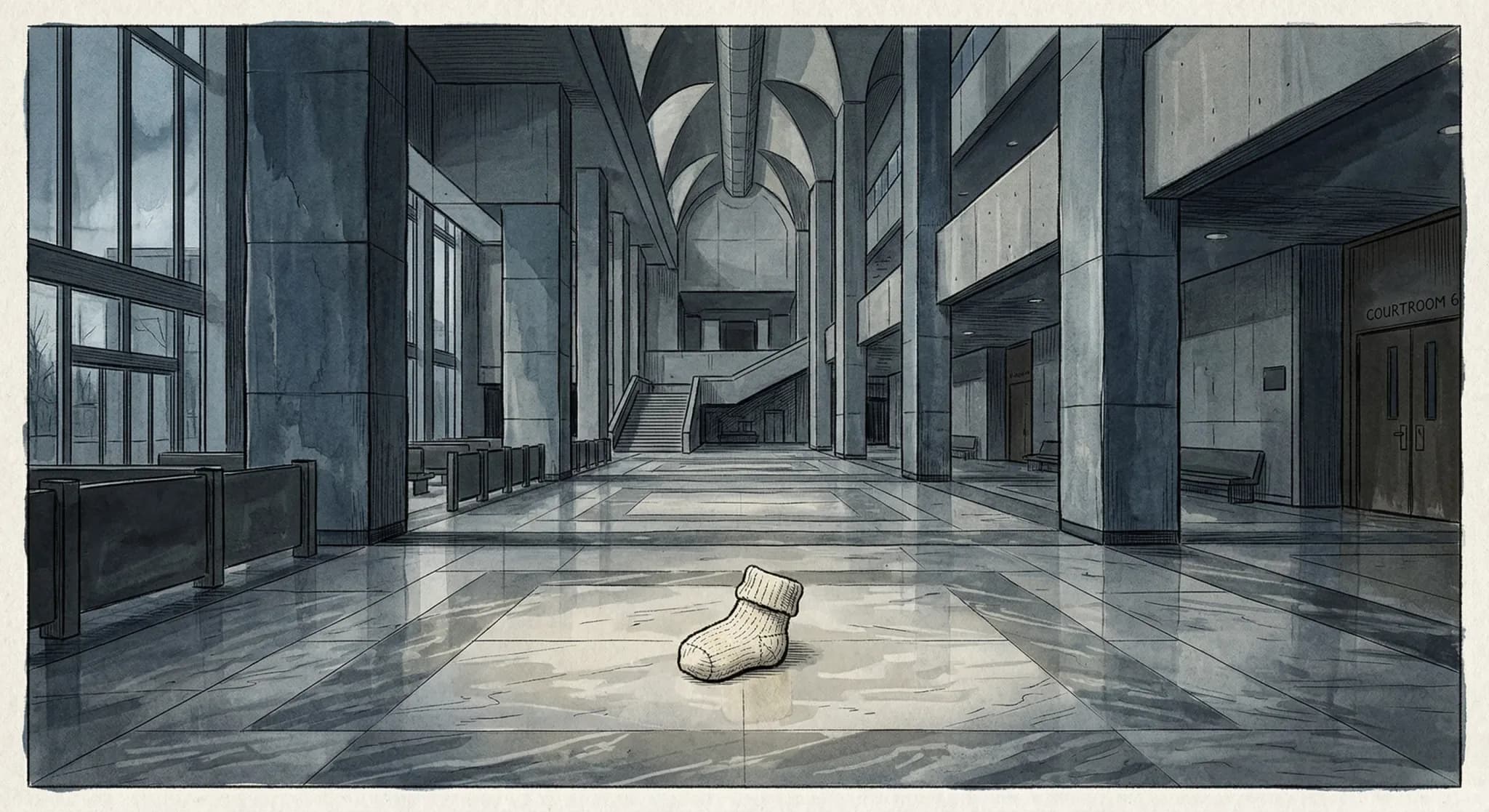 A poignant editorial illustration featuring a single, tiny, knitted baby sock placed in the center of a vast, empty hall with marble floors. The lighting is dramatic and moody, emphasizing the smallne