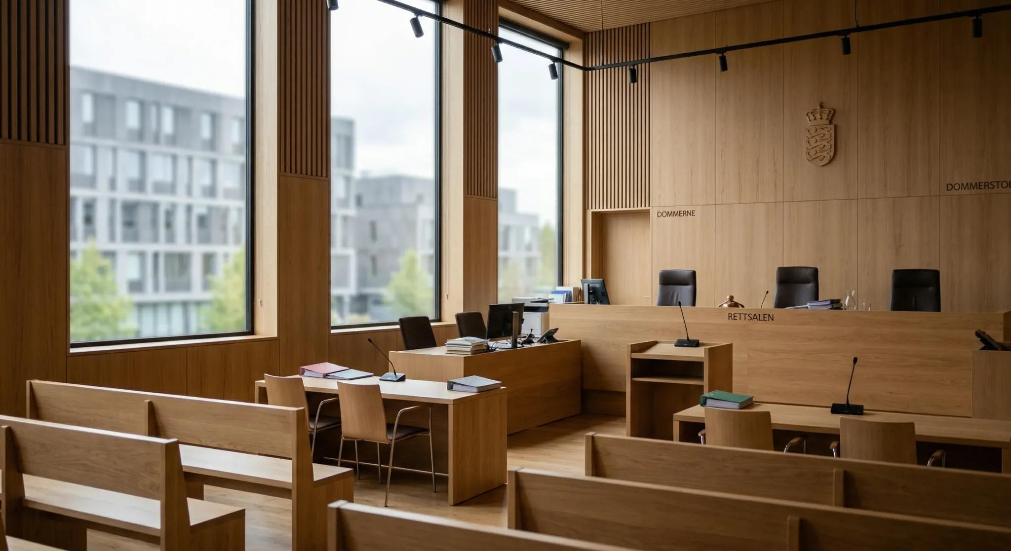 A photorealistic, wide-angle view of an empty Scandinavian-style courtroom. The room features light-colored oak wood paneling, a large judge's bench, and minimalist furniture under soft, overcast dayl