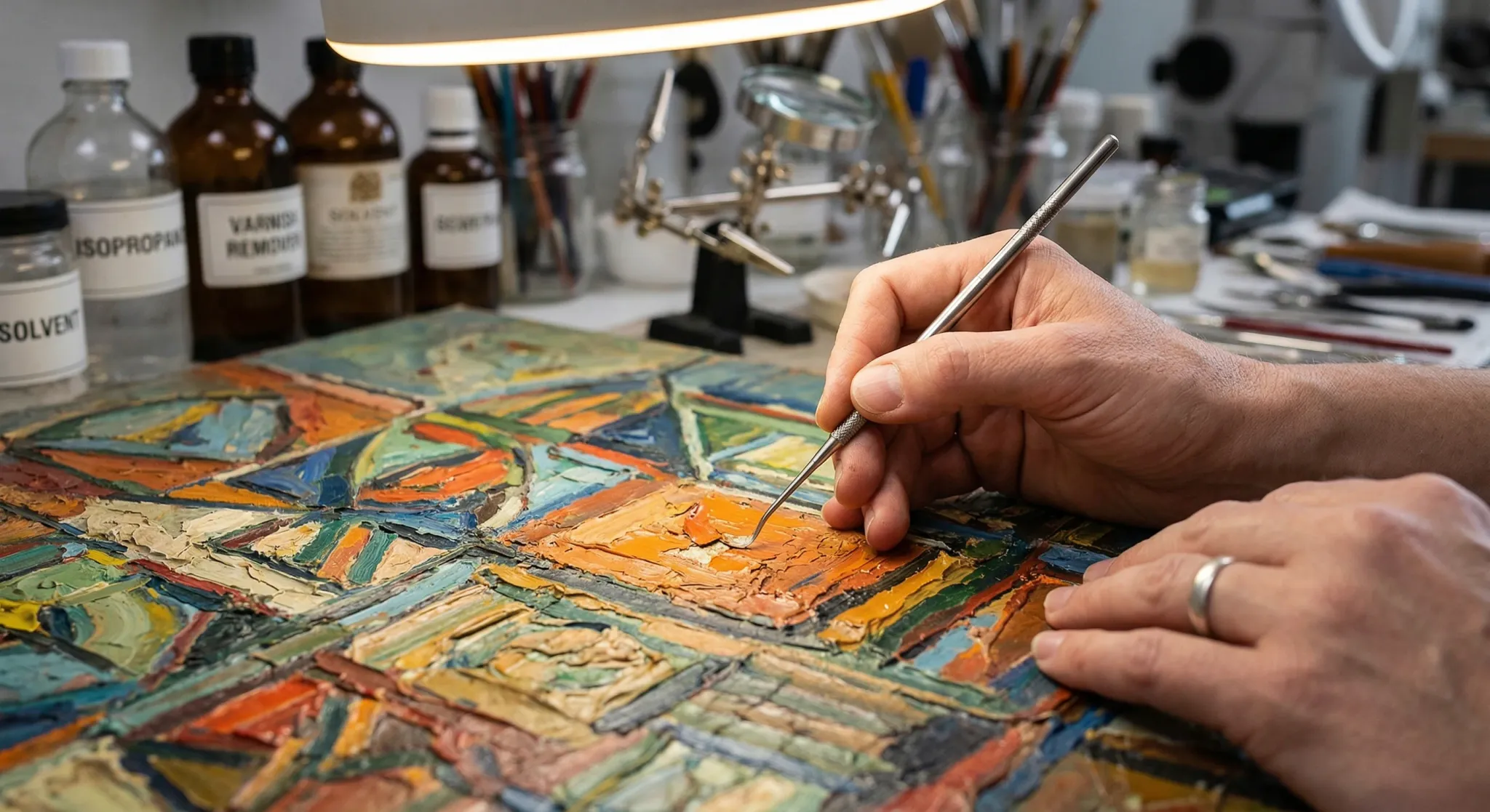 A high-angle, photorealistic close-up of a professional art restorer's hand using a precision tool on a textured oil painting. The scene is illuminated by a bright, focused studio lamp, creating a sha