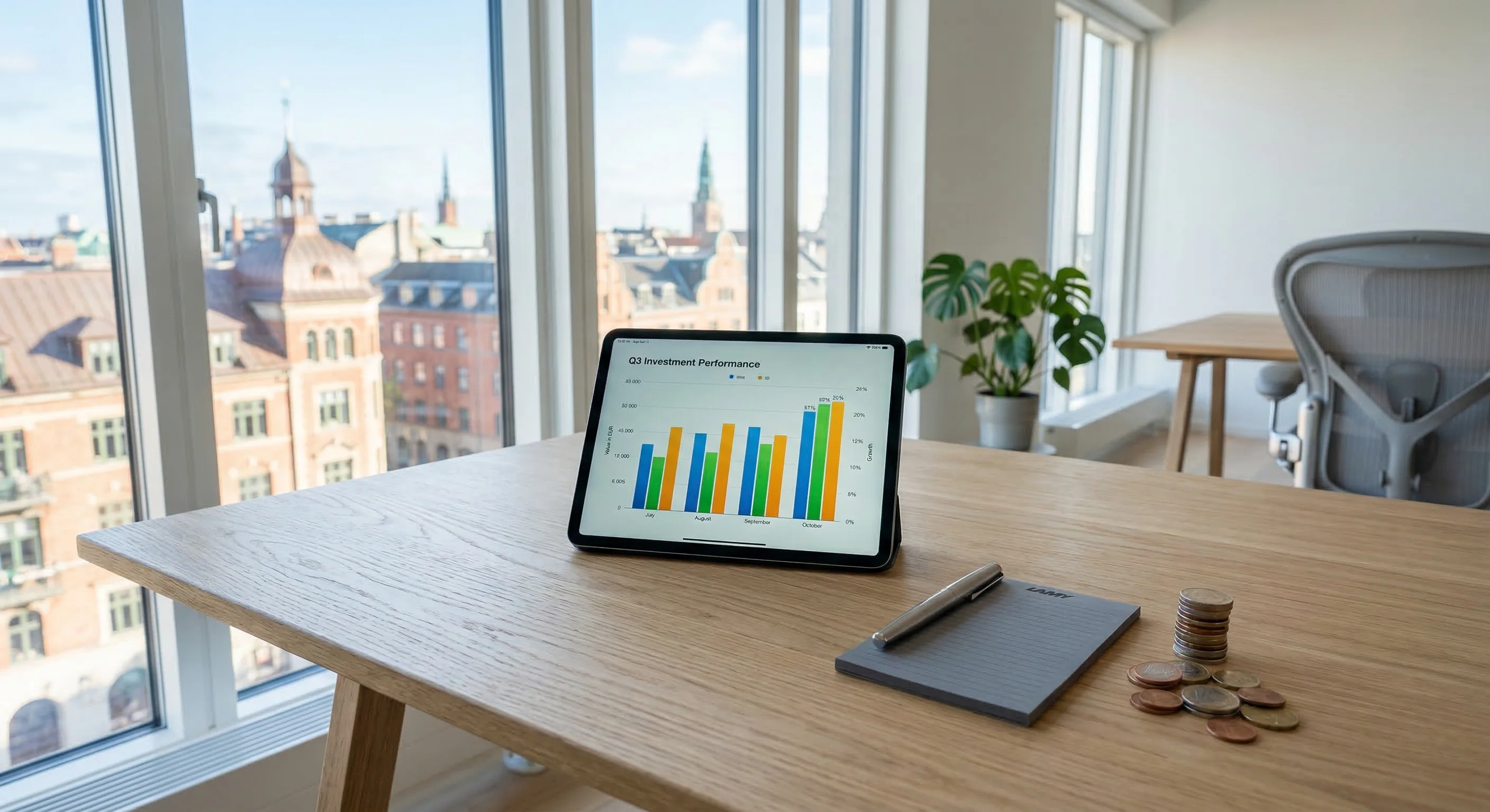 A high-angle photorealistic shot of a minimalist oak desk in a bright, modern office. On the desk lies a tablet displaying a clean financial bar chart, a sleek metal fountain pen, and a small, neat st