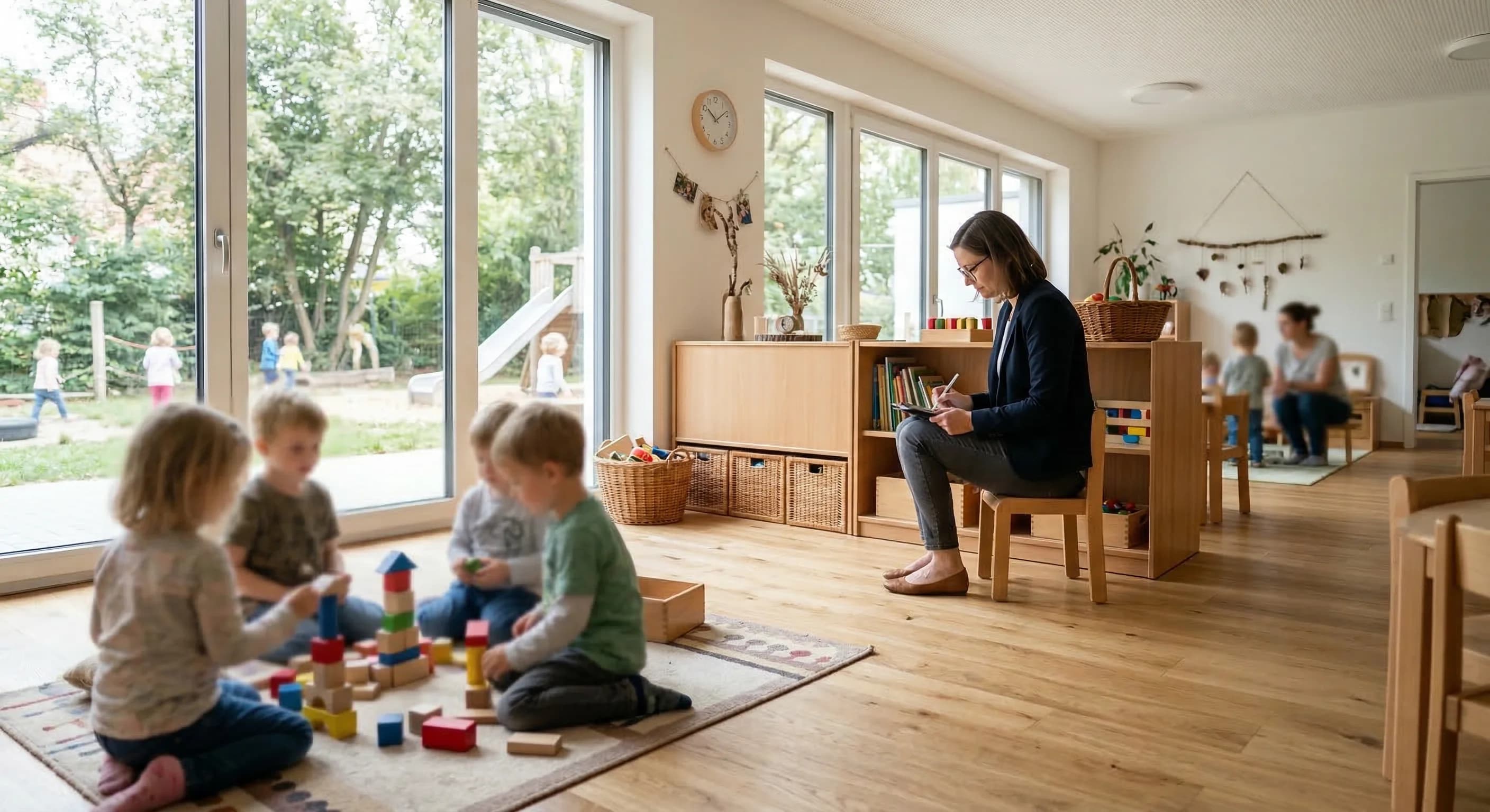 A wide-angle photorealistic shot of a modern European daycare interior with large windows and light wood floors. In the middle ground, a professional observer sits discreetly on a small chair, taking