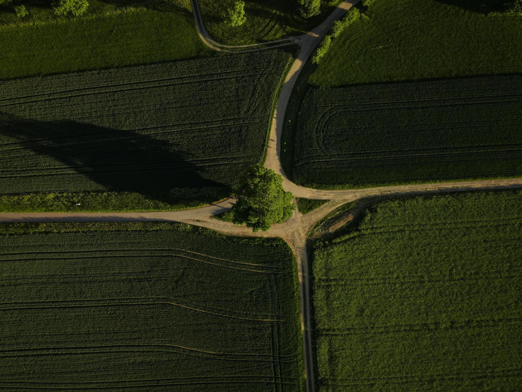 A stunning aerial view of lush green fields intersected by country roads in Germany.