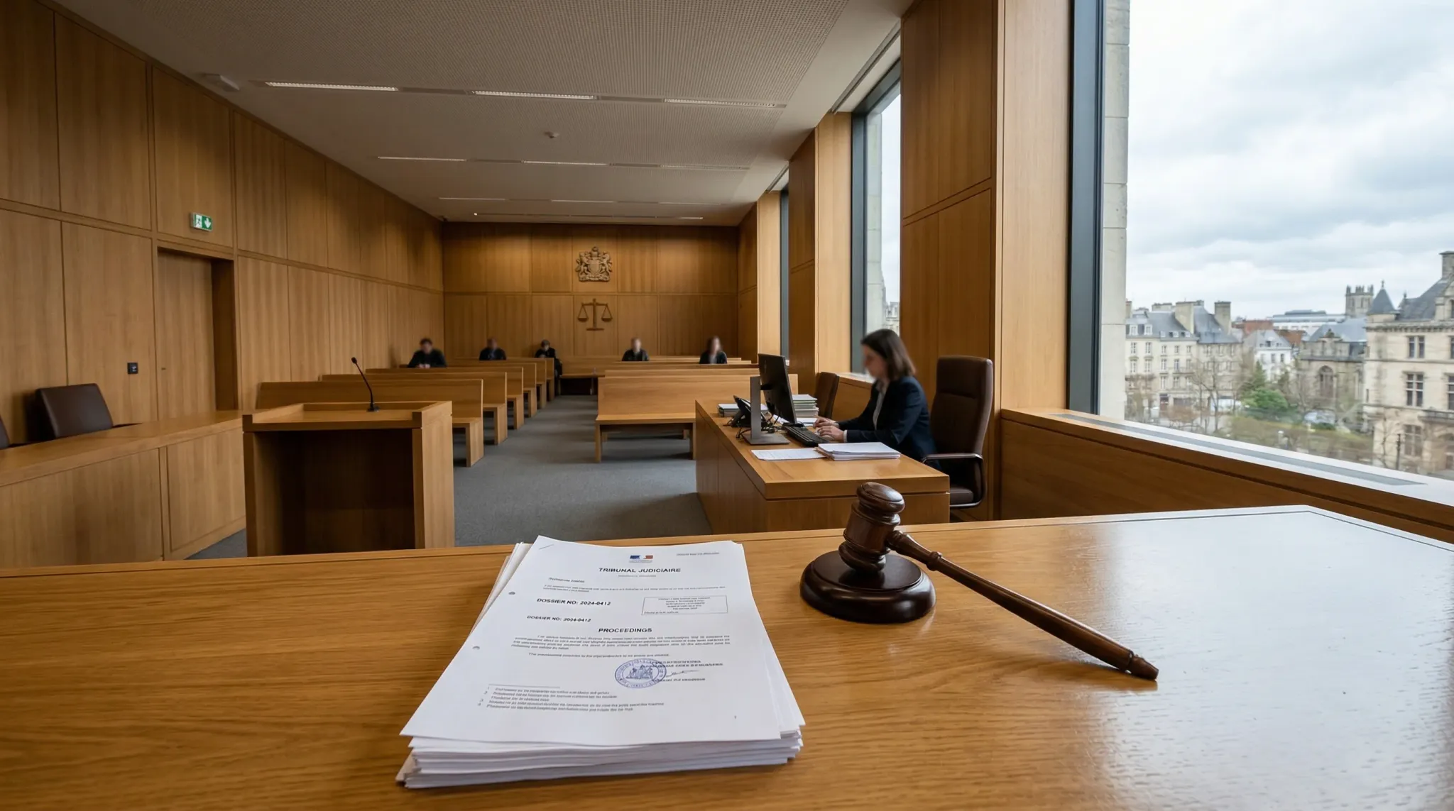 A wide-angle photorealistic shot of a modern European courtroom interior with clean wooden paneling and a large window letting in soft overcast light. In the foreground, a stack of official-looking wh