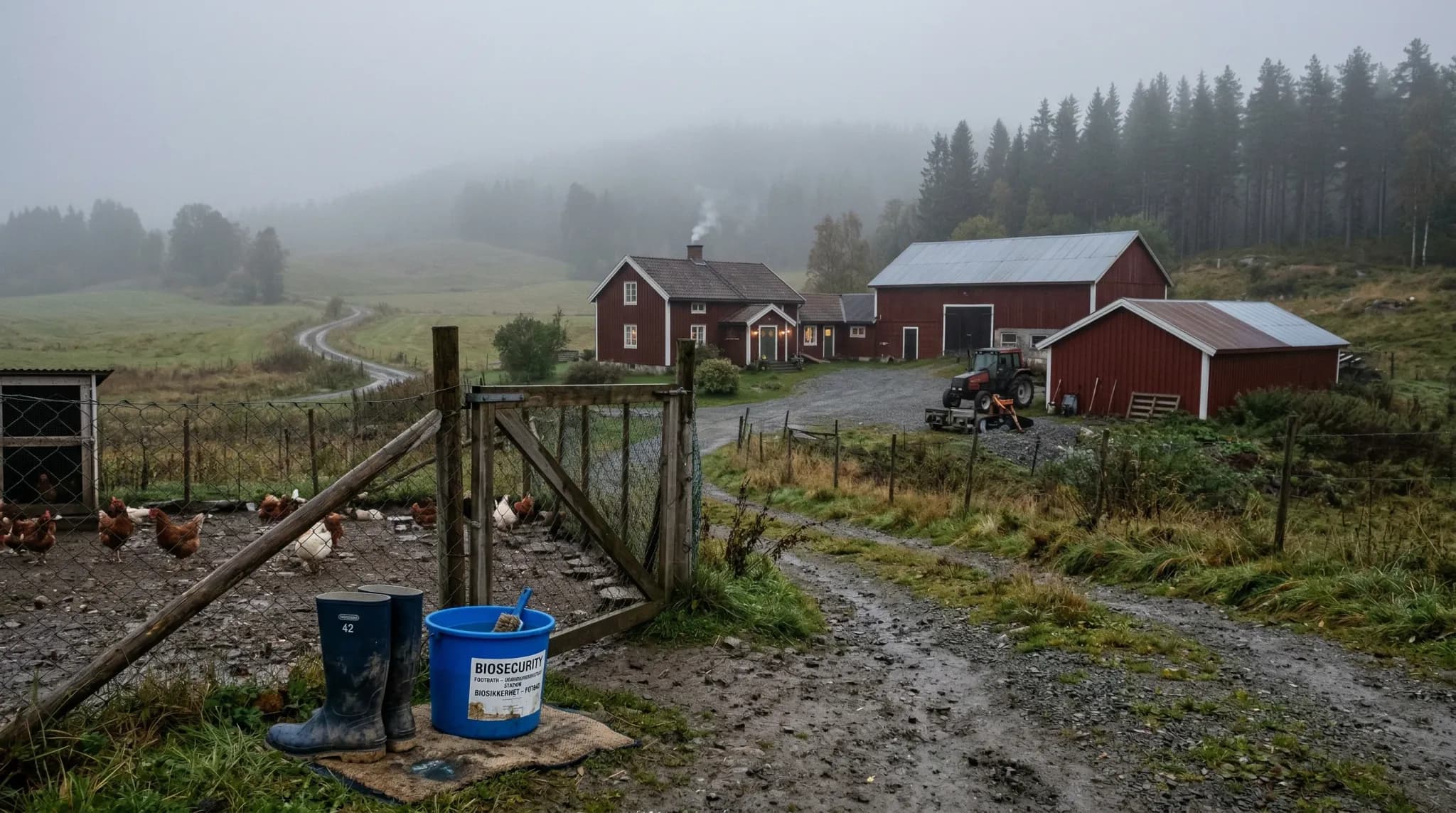 A photorealistic wide-angle shot of a secluded Scandinavian farmstead during a grey, misty morning. In the foreground, a pair of rubber boots and a disinfectant bucket sit near a wire-mesh poultry enc