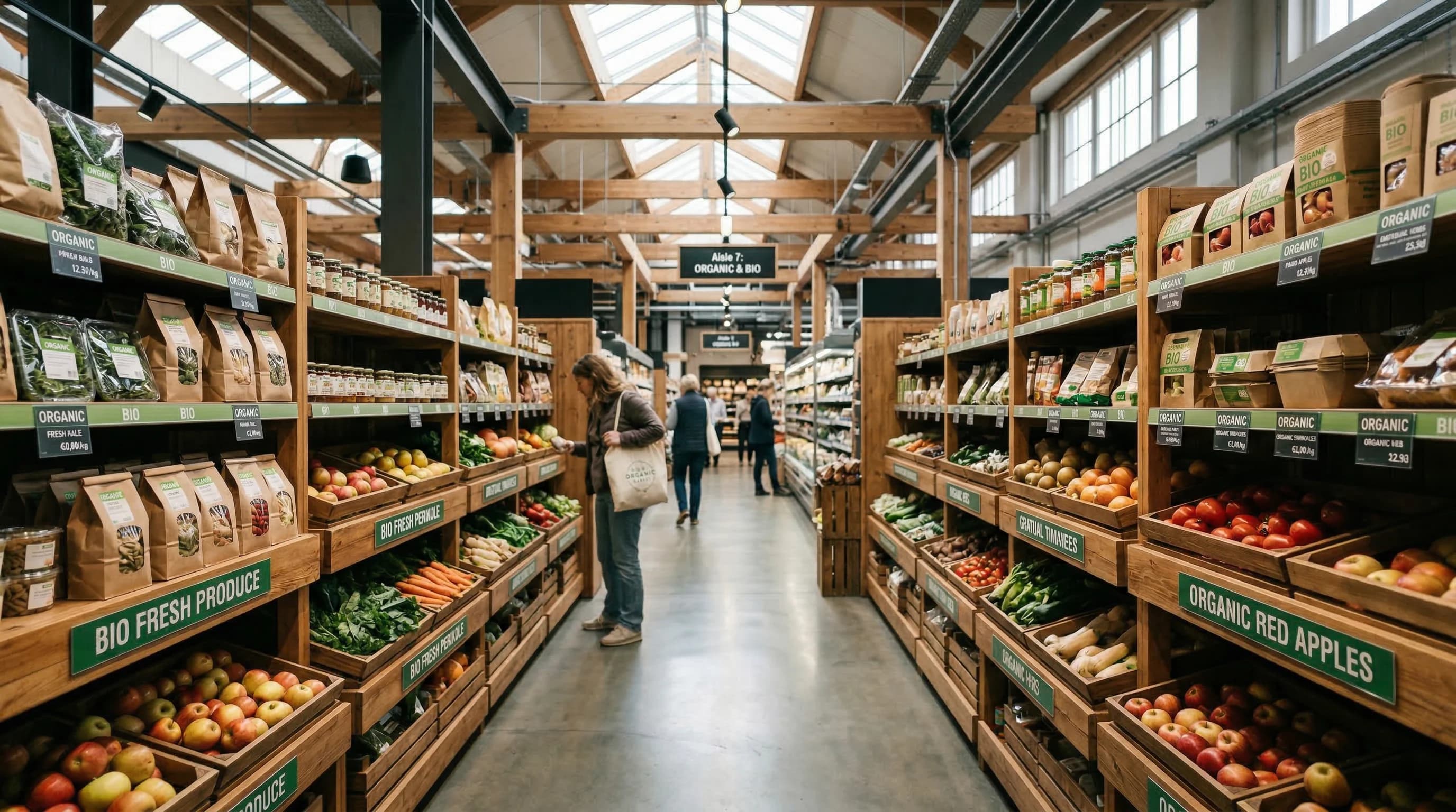 A wide-angle, photorealistic shot of a contemporary European supermarket aisle specializing in organic goods. Soft, natural daylight illuminates rows of neatly organized produce in eco-friendly packag
