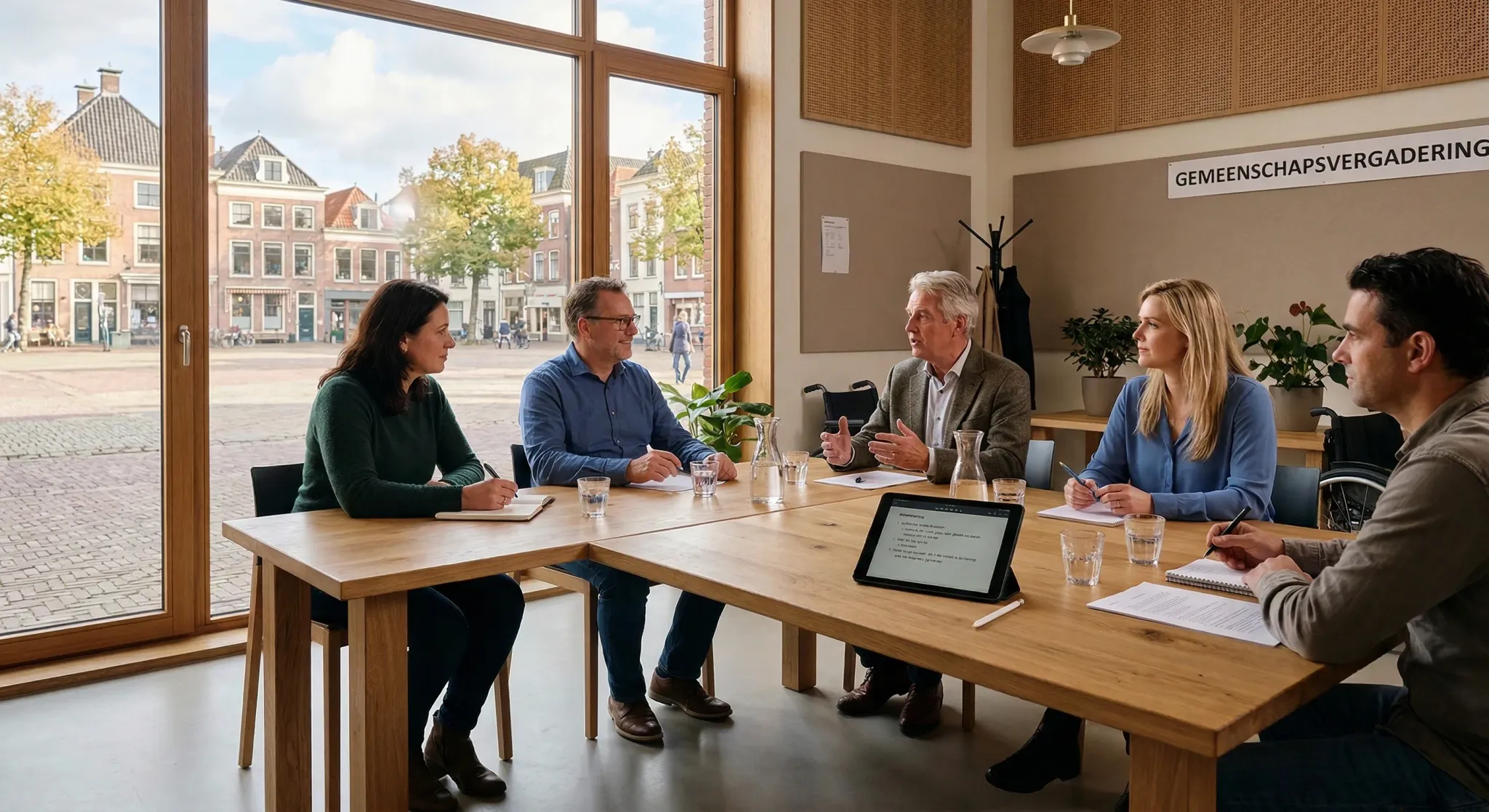 A photorealistic shot of a modern European community hall meeting room. A large oak table is set with glasses of water, notebooks, and a digital tablet. In the background, a wheelchair is partially vi