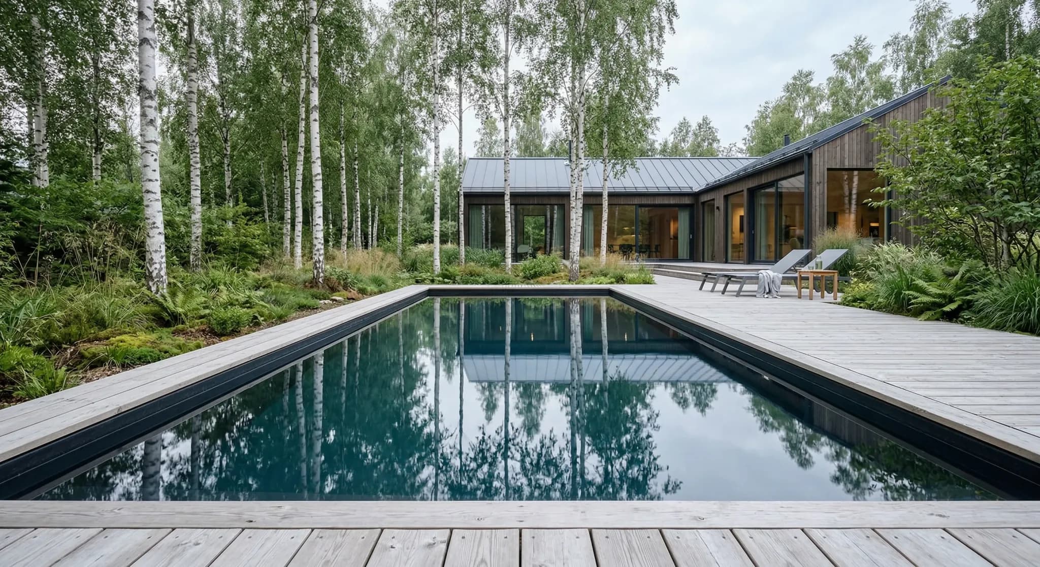 A photorealistic shot of a modern Scandinavian garden featuring a sleek rectangular swimming pool built into a light-colored wooden deck. In the background, a contemporary house with large glass windo