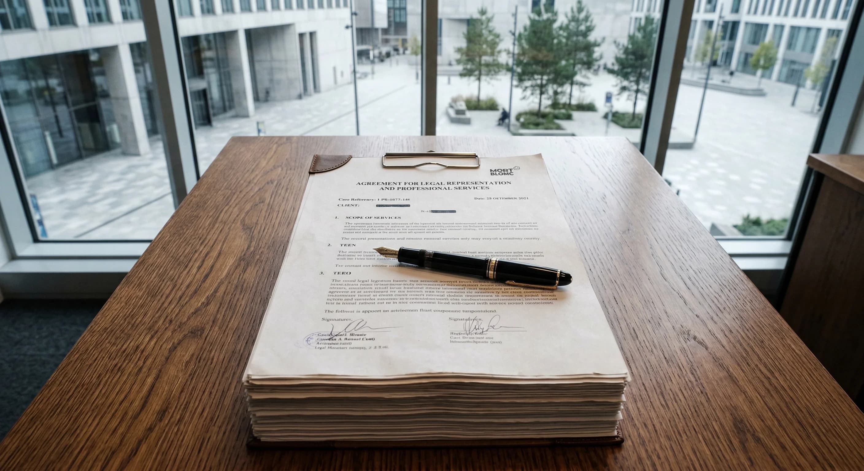 A high-angle, close-up shot of a thick stack of legal documents and a fountain pen resting on a polished oak table in a modern European office. In the blurred background, large floor-to-ceiling window