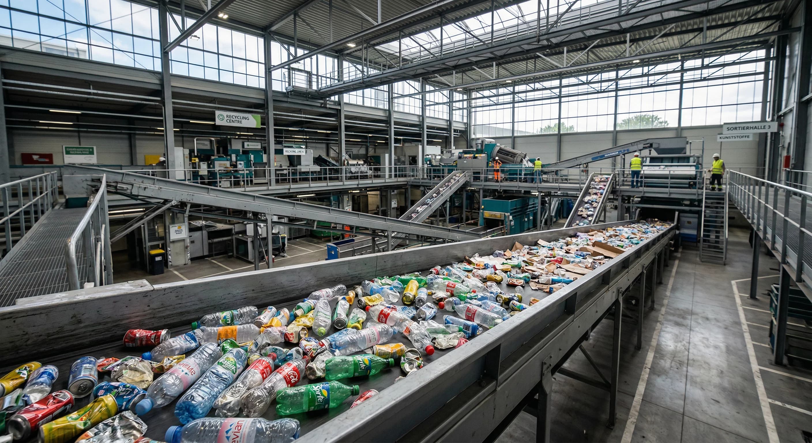 A photorealistic wide-angle shot of a modern European waste management facility. Several long conveyor belts are filled with separated materials like plastic bottles and aluminum cans, moving through
