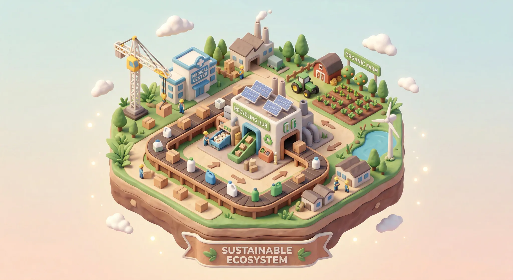 A clean isometric 3D diorama representing a sustainable industrial ecosystem with soft, clay-like textures. On a floating platform, tiny stylized models of a construction crane, a medical building, an