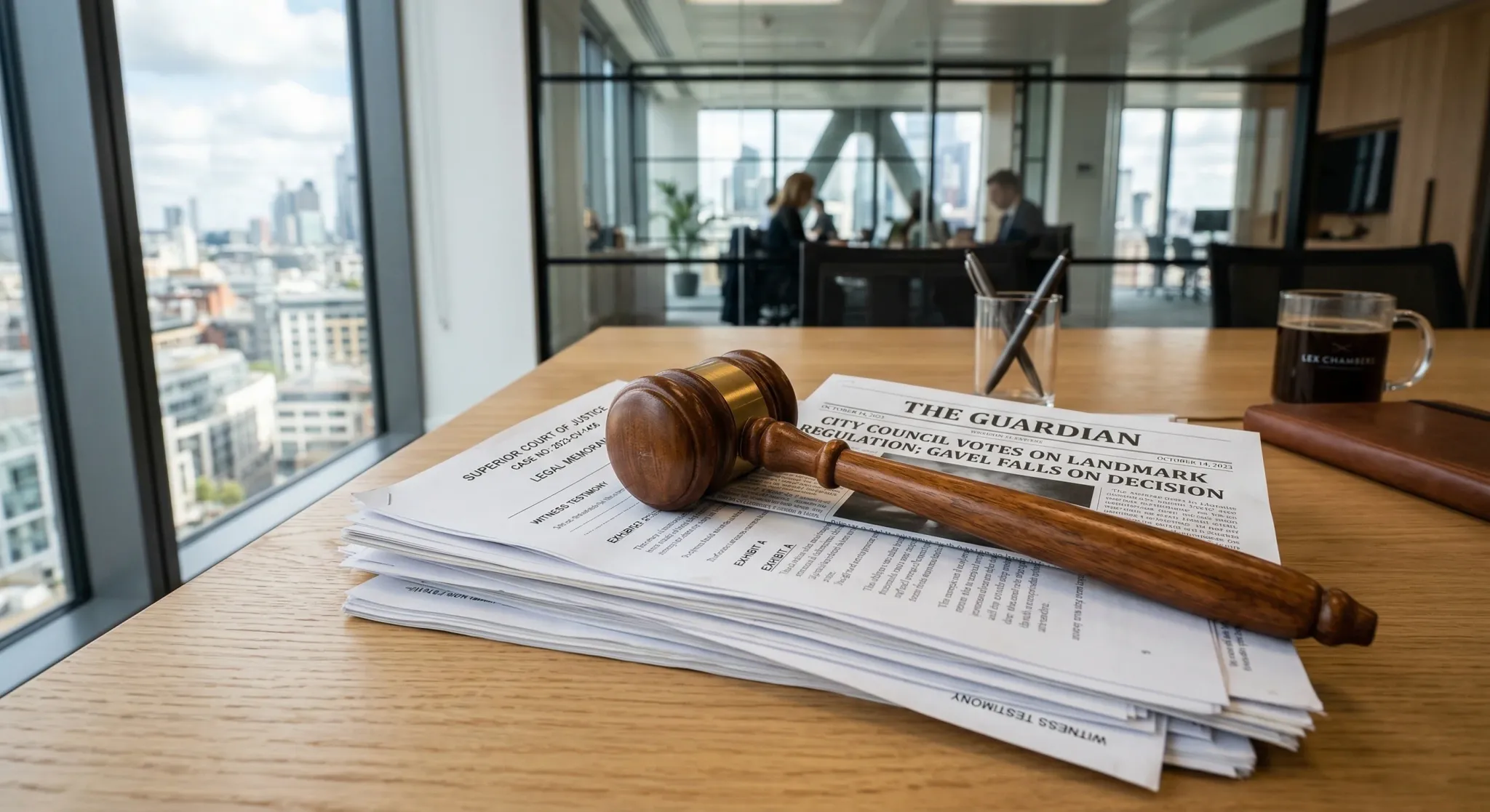 A high-angle photorealistic shot of a polished wooden gavel resting on a stack of printed news reports and legal documents. The scene is set on a light oak desk in a bright modern office with soft nat