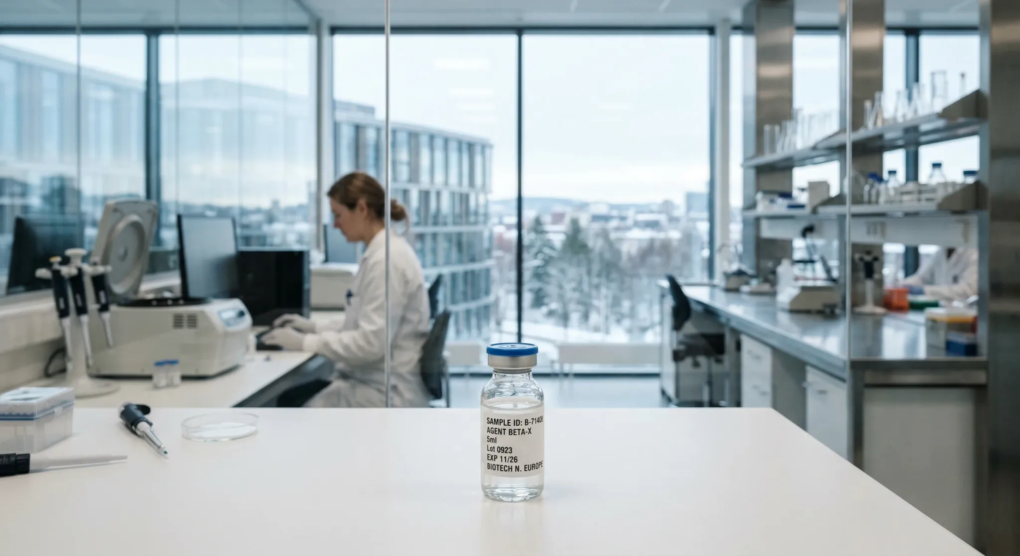 A high-end modern biotechnology laboratory in Northern Europe with stainless steel surfaces and glass partitions. A focused shot of a medical glass vial containing clear liquid, sitting on a clean whi