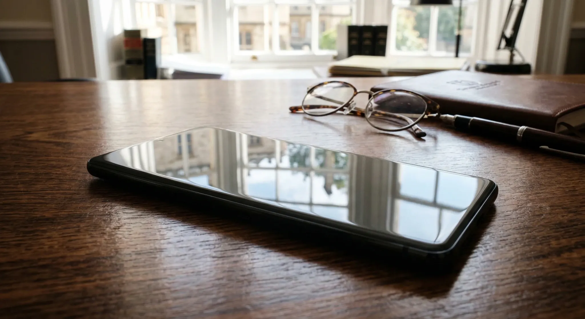 A photorealistic close-up of a modern smartphone resting on a polished dark wood desk in a sunlit legal office. The camera focuses on the immaculate glass surface of the phone screen reflecting a brig