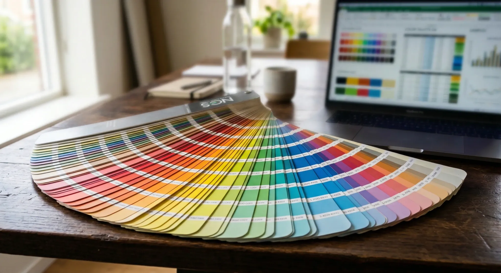 A close-up, photorealistic shot of a professional color fan deck with hundreds of vibrant paint swatches spread out on a dark wooden table. In the background, a modern laptop displays complex data spr