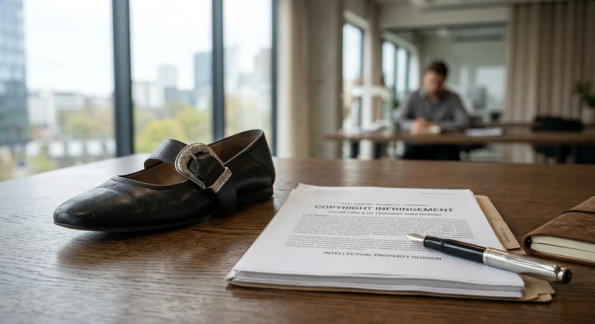 A photorealistic close-up of a designer black leather ballerina shoe with prominent silver buckles resting on a polished oak desk. Beside the shoe is a stack of official legal documents with a silver