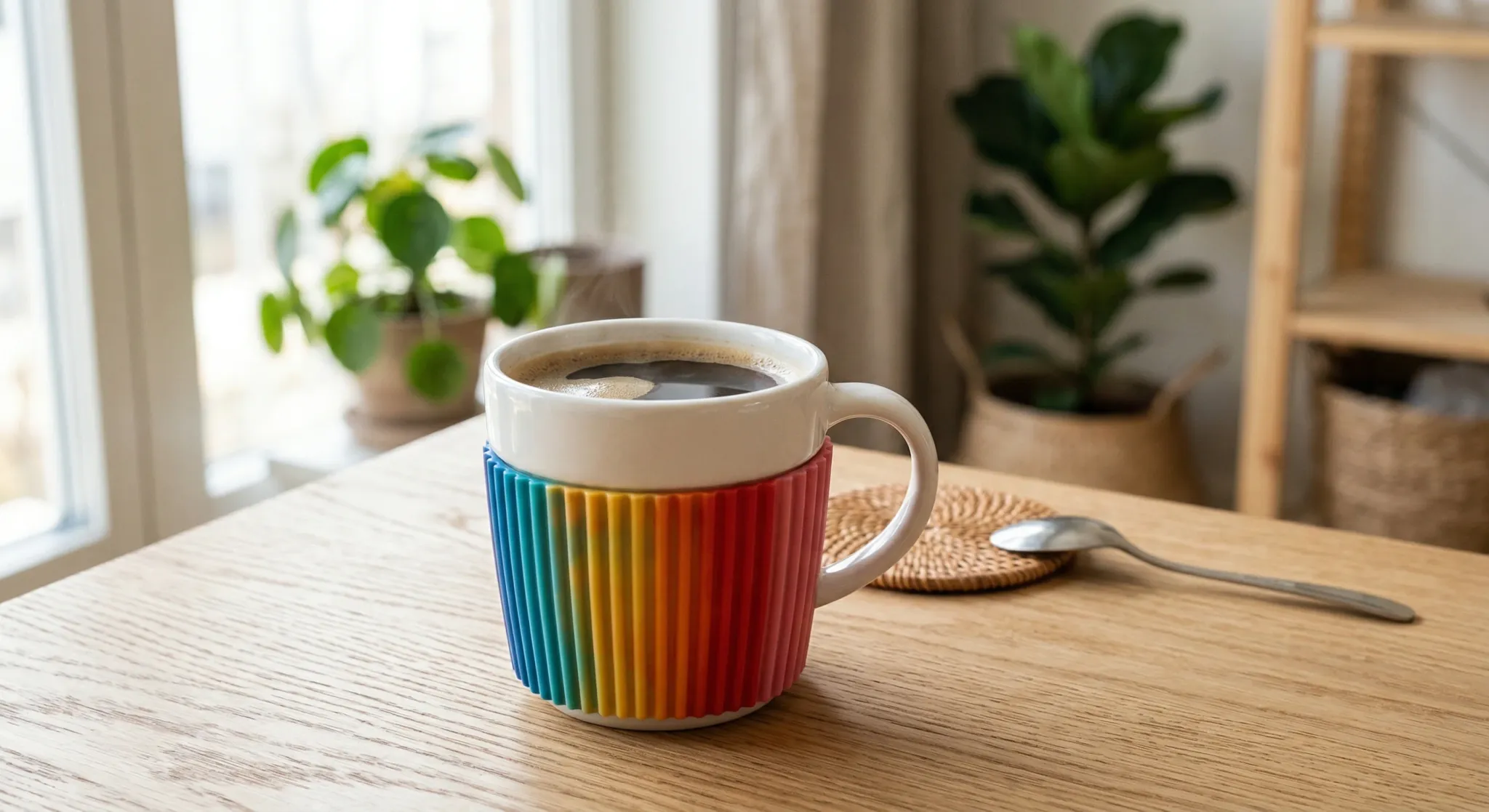 A photorealistic close-up of a modern ceramic coffee mug with a colorful fluted silicone sleeve, resting on a light oak wooden table. The scene is bathed in soft, natural morning light coming from a l