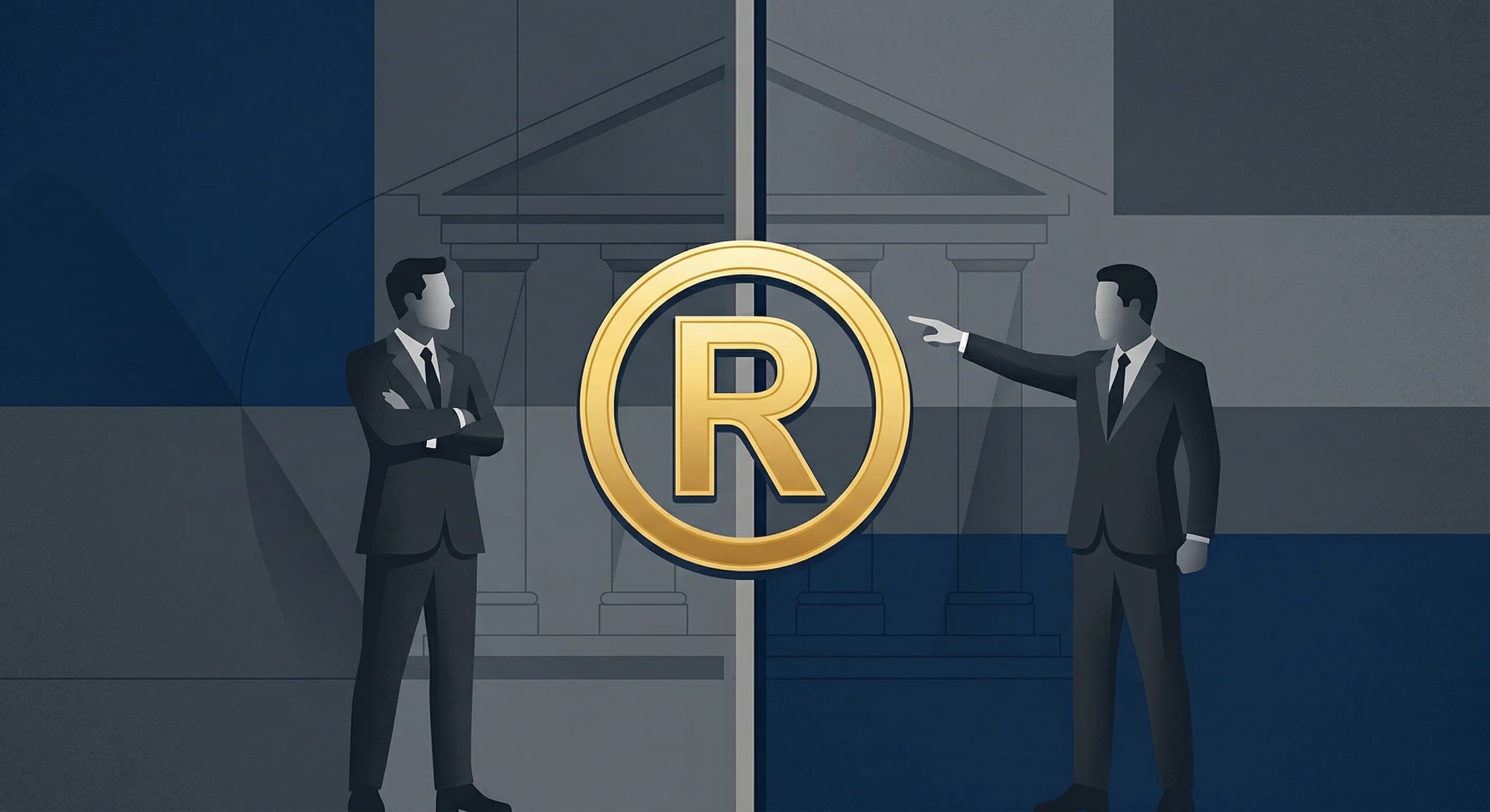 A clean editorial illustration depicting a legal dispute over a brand. A large, stylized golden registered trademark symbol is positioned in the center, while two abstract silhouettes of businessmen s