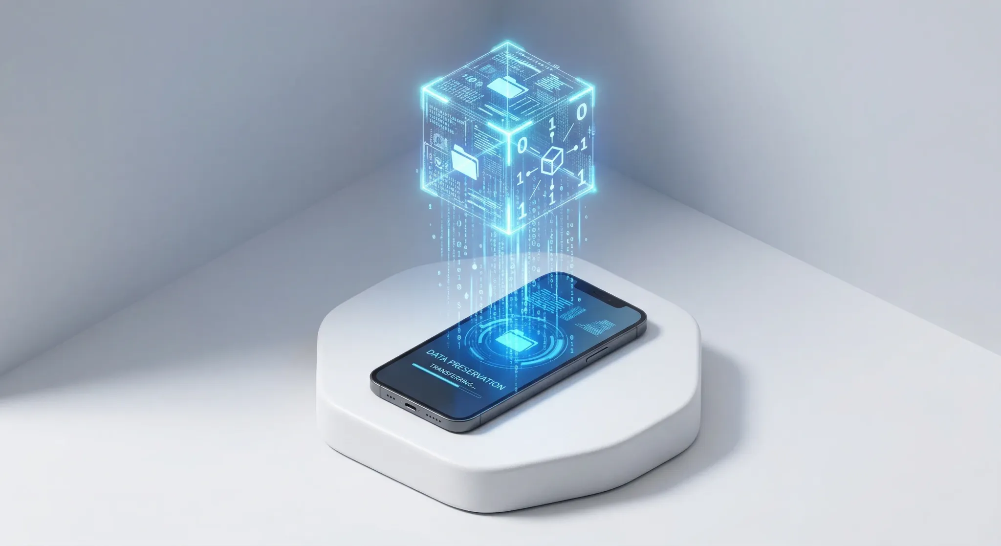 A clean isometric 3D scene of a digital mobile phone positioned on a white pedestal. Glowing blue data streams flow vertically from the phone's screen into a floating holographic cube, representing da