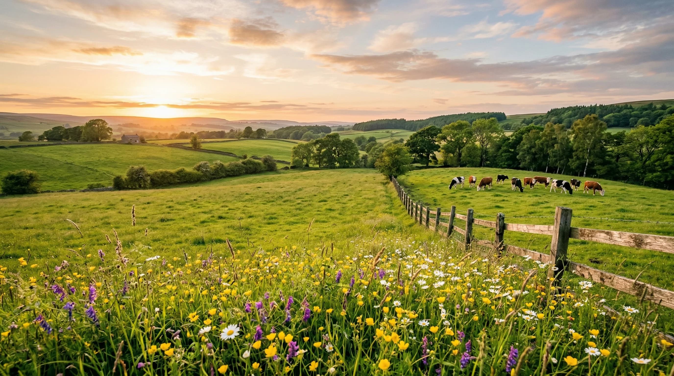 A wide-angle landscape shot of a lush green Northern European pasture during golden hour. A small herd of cattle grazes peacefully in the distance near a rustic wooden fence. The lighting is soft and