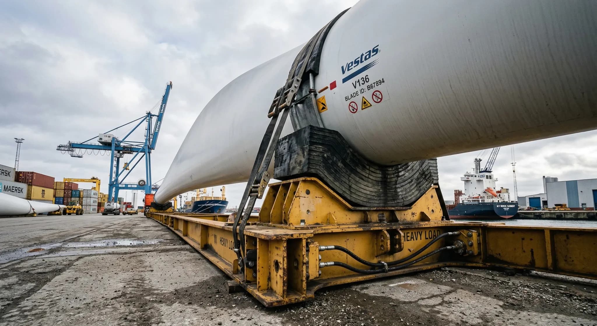 A wide-angle, low-angle shot of a massive white wind turbine blade resting on heavy-duty industrial cradles at a European industrial port. The focus is on the complex textures of the industrial rubber