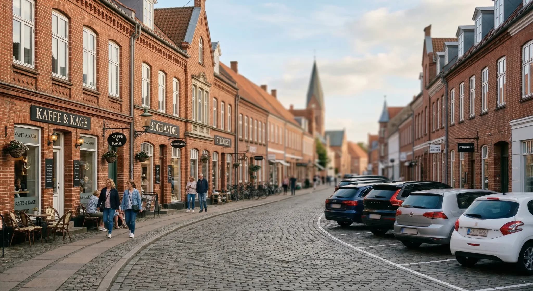 A wide-angle street-level photograph of a charming Northern European town center with red brick buildings and small boutique shops. Several modern cars are parked neatly in designated street spots alo
