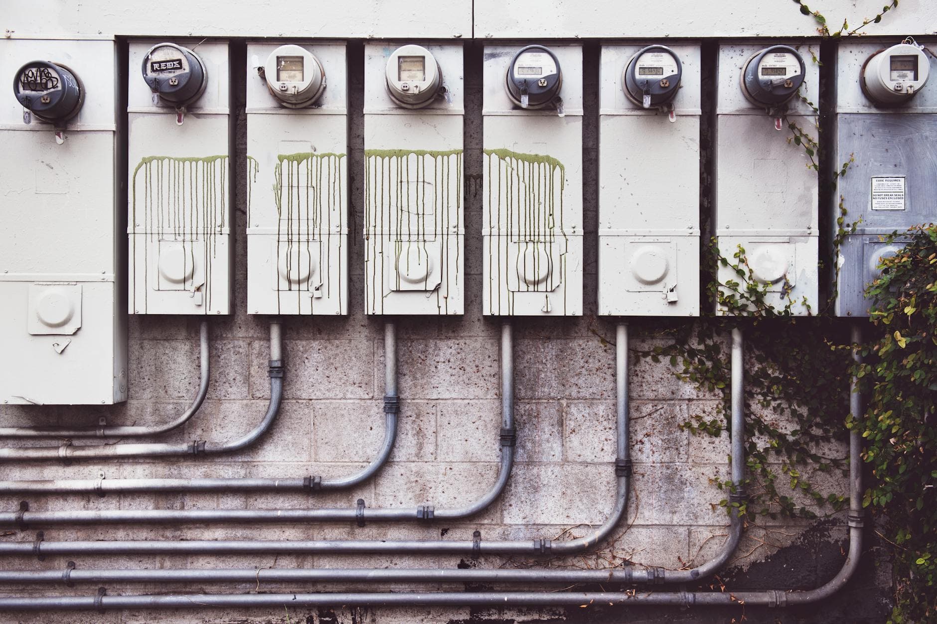 Array of outdoor electric meters on a brick wall with vines.